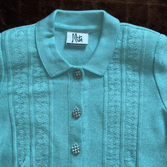 VTG Mita 12P Aqua Collared, Button Front Cable Knit Short Sleeve Top/Skirt Set - Picture 3 of 7